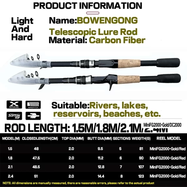 Conjunto de Pesca GHOTDA 1.5m-2.4m Cana Telescópica e Carreto Casting 7.2:1 - Image 3
