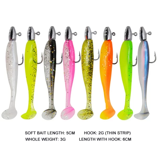 Conjunto 5 Swimbaits Soft Cauda em T com Jig Head 60mm 3g - Image 2