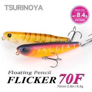 Amostra Flutuante Pencil TSURINOYA FLICKER 70F 8.4g com Ação Z Dog para Predadores