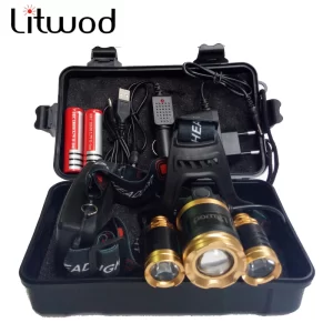 Lanterna Frontal LED Recarregável Zoom 13000LM Litwod com Bateria, Carregador e Caixa