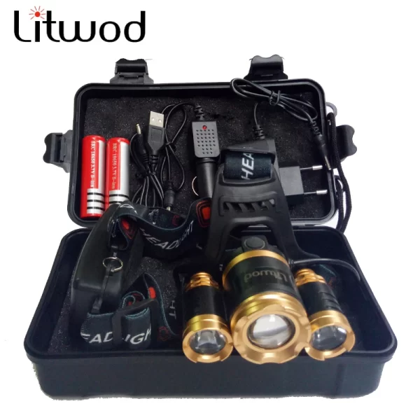 Lanterna Frontal LED Recarregável Zoom 13000LM Litwod com Bateria, Carregador e Caixa