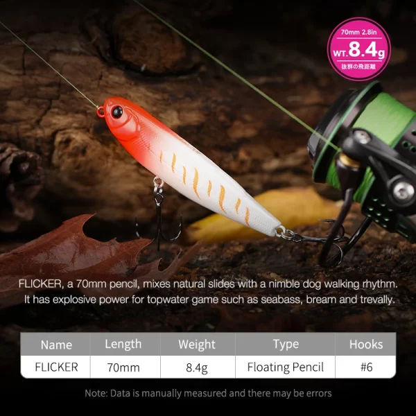 Amostra Flutuante Pencil TSURINOYA FLICKER 70F 8.4g com Ação Z Dog para Predadores - Image 2
