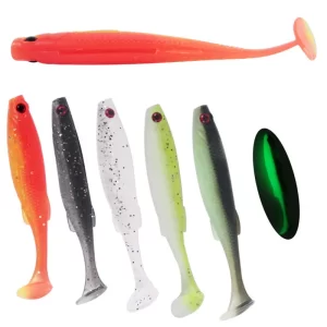 Conjunto 5 Amostras Softbait T-Tail 6.5cm 2g Silicone Fluorescentes com Olhos 3D