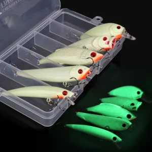 Conjunto Goture 5 Amostras Luminosas Noturnas com Caixa – Minnow, Popper, Crank, Pencil e VIB