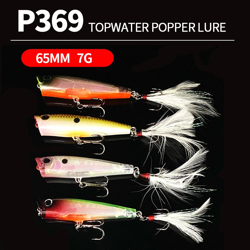 Amostra de Superfície Popper 65mm 7g com Olhos 3D e Fateixa com Penas - Image 2