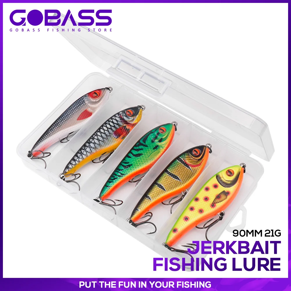 Amostra Jerkbait Lipless GOBASS 90mm 21g Sinking – Conjunto 5 Unidades com Caixa