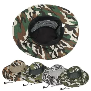 Chapéu de Pesca Camuflado em Rede com Aba Larga e Protecção Solar